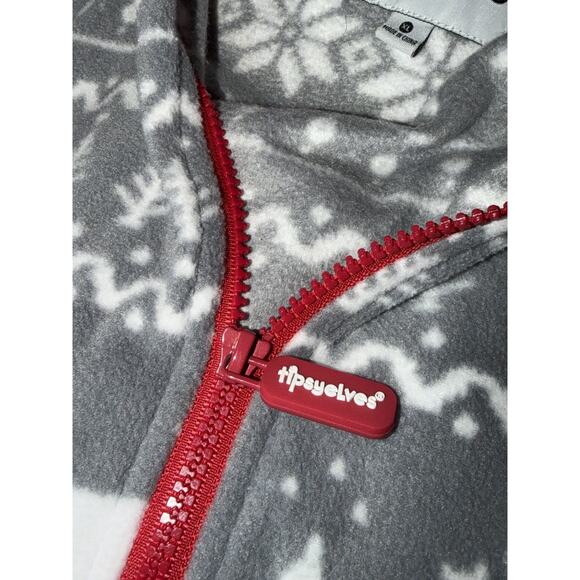 Tipsy Elves XL Fleece Hooded One Piece Pajamas Gray Moose Fair Isle Zip Up Adult - Picture 9 of 10